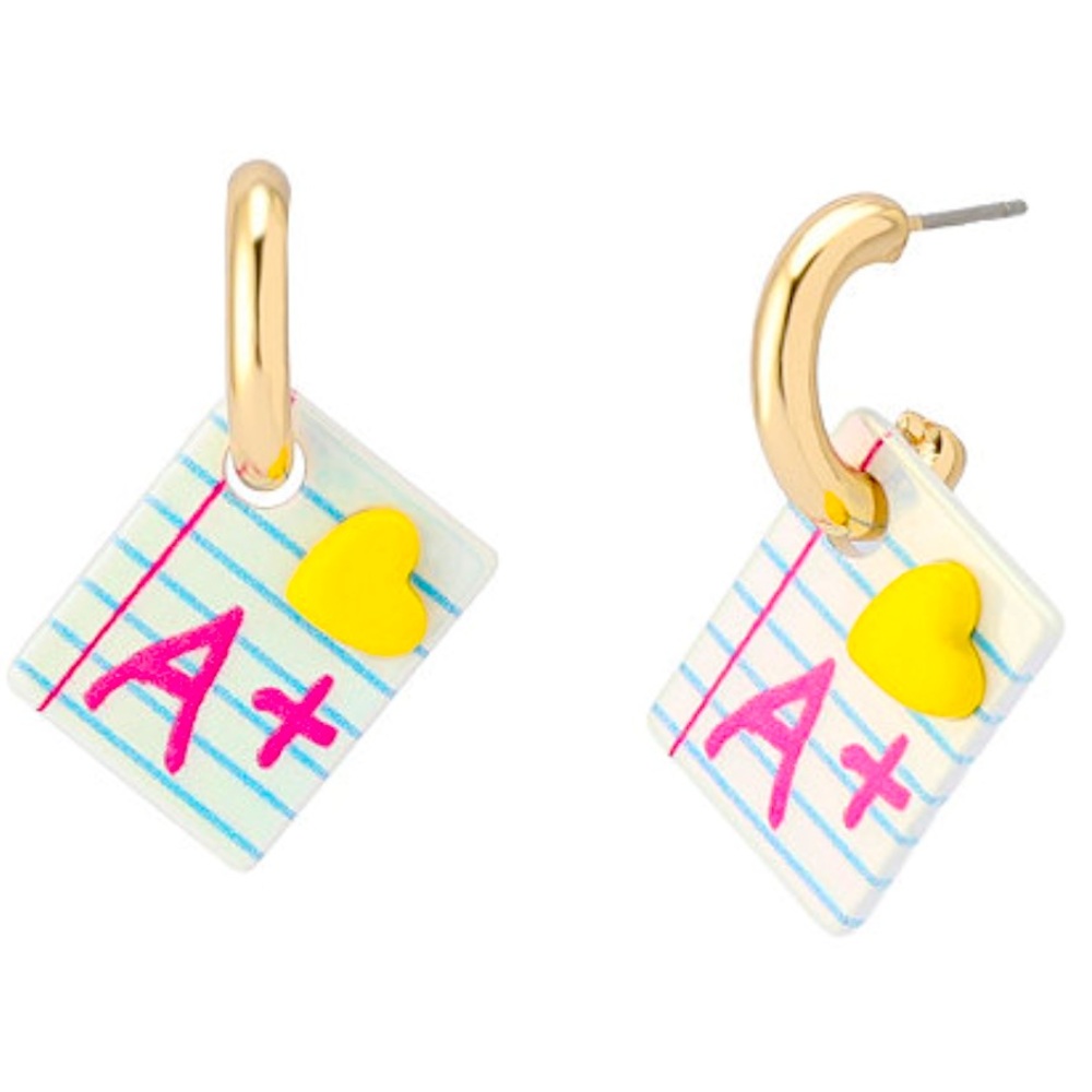 New! Betsey Johnson Back to School Notebook A+ Huggie Hoop Earrings